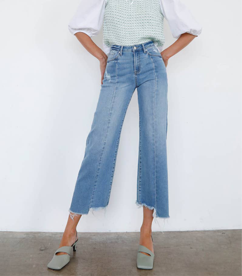 Uneven Raw Hem Crop Flare Jeans