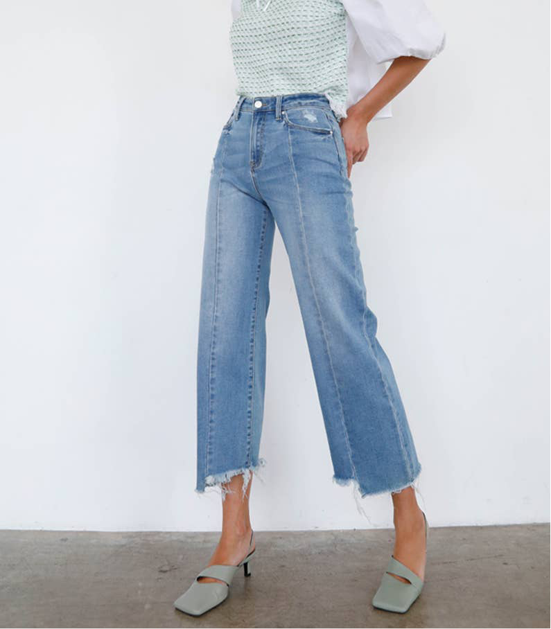 Uneven Raw Hem Crop Flare Jeans