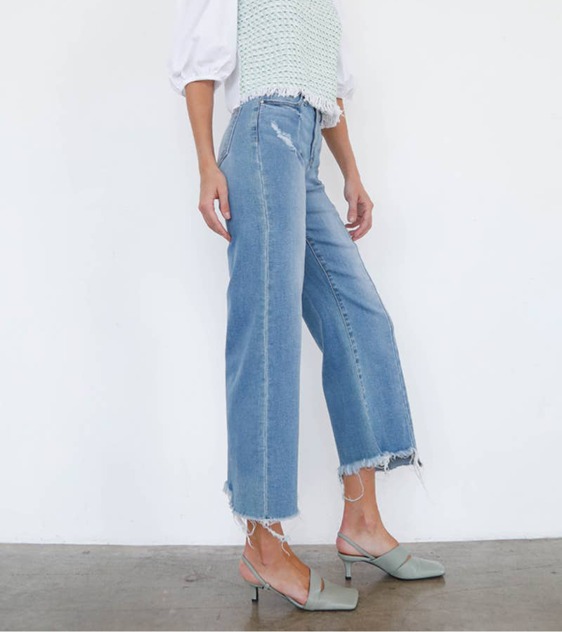 Uneven Raw Hem Crop Flare Jeans